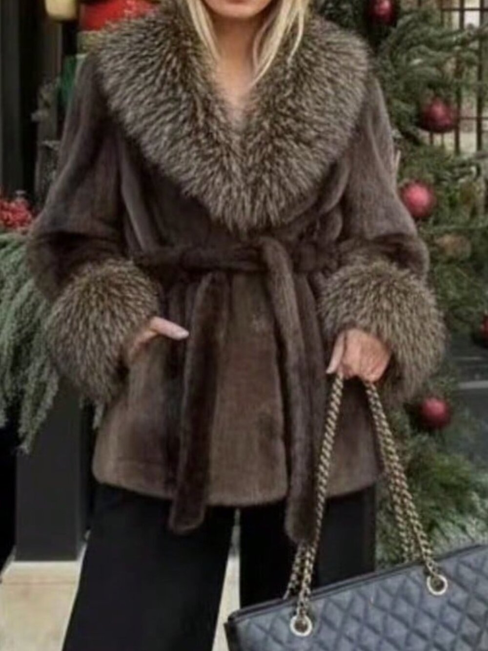 Coffee Brown Casual Women's Contrast Faux Fur Loose Collar Coat Jacket